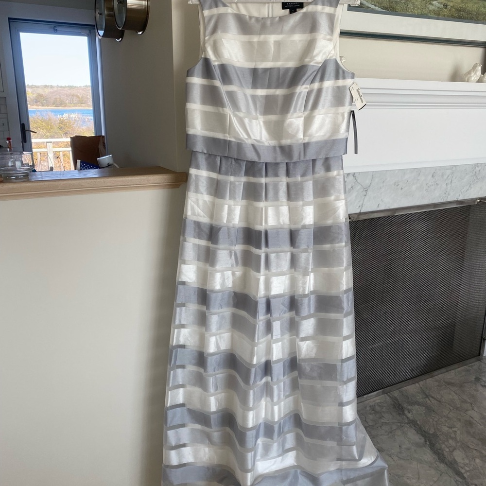 Tahari White and Silver Scoop Neck Maxi Dress